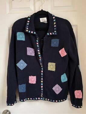 Navy Crochet Square Cardigan with Pastel Accents
